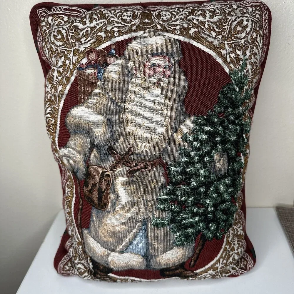 Vintage Santa Tapestry Accent Pillow winter holiday Old Time Primitive Stars